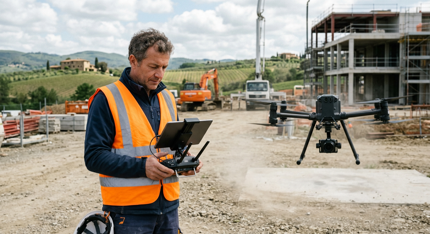 Pilota di drone certificato con radiocomando in un cantiere